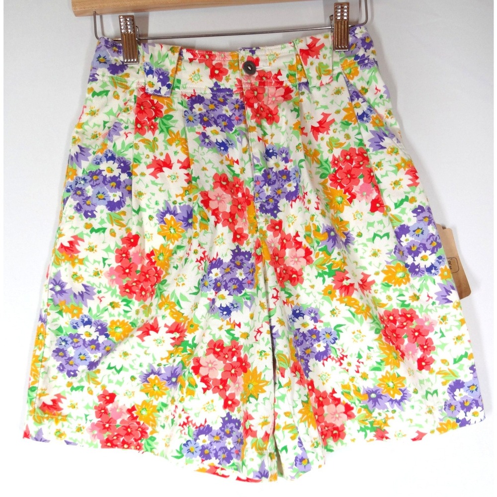 Vintage 90s Lizsport Floral Shorts Women 2 Petite White Multi High Waisted Retro